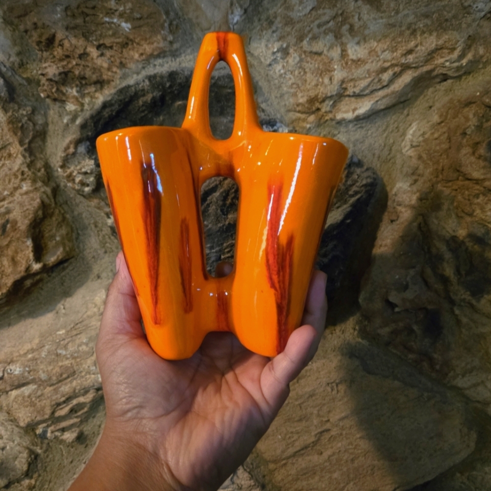 Vibrant Orange Ceramic Double Vase & Handle.